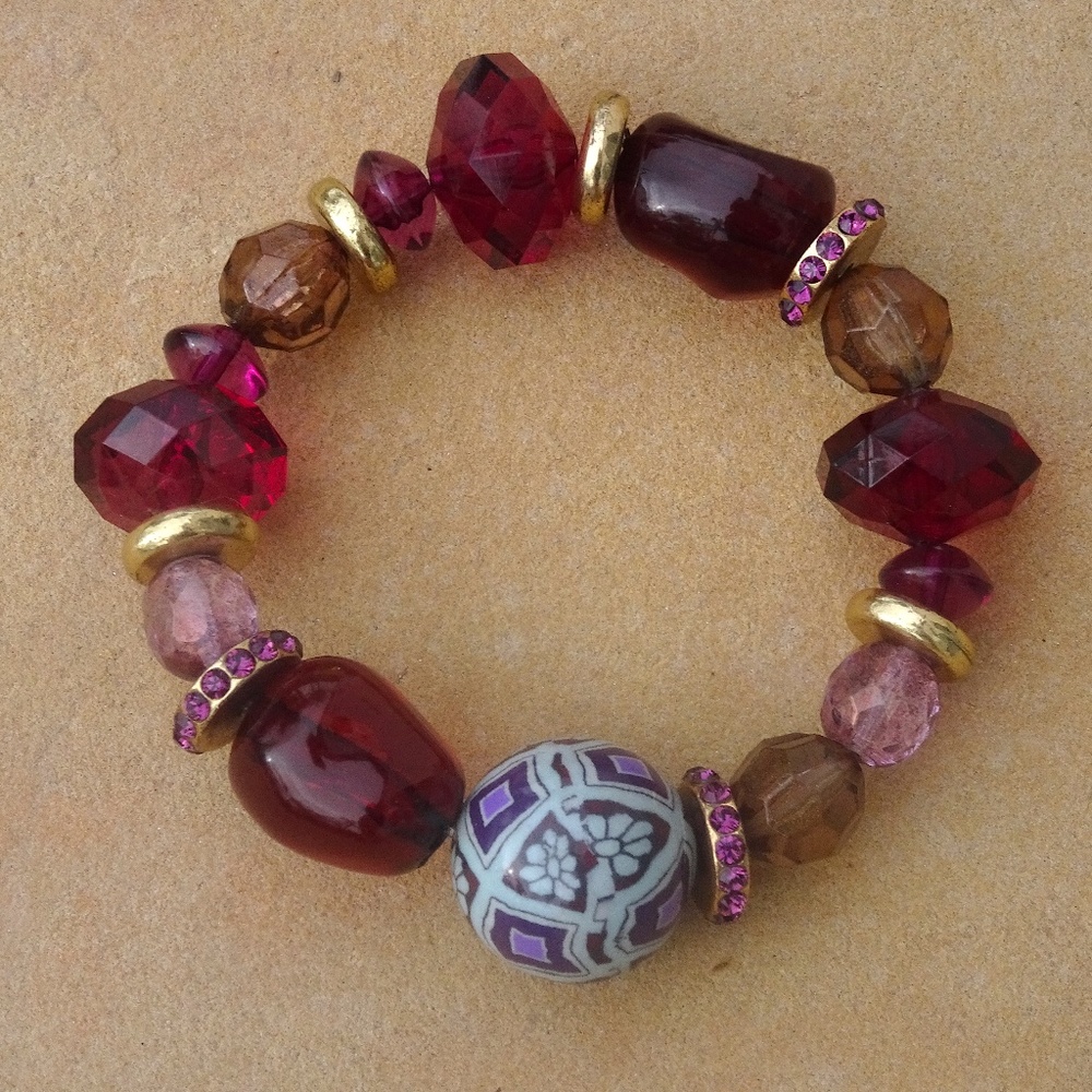 Purple Red Wine Colored Big Boho Beaded Elastic Stretch Stacking Bracelet
